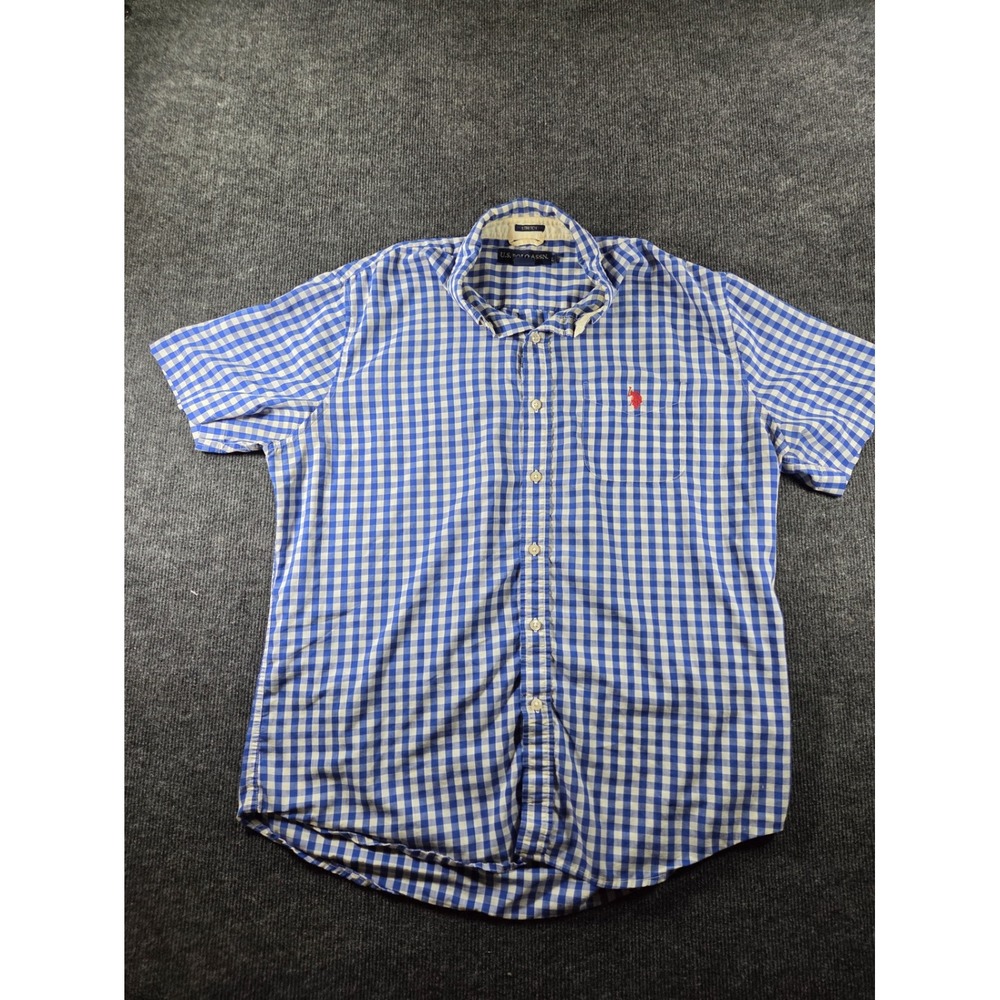 US Polo Assn Men Blue White Gingham Short Sleeve Button Down Shirt Large Stretch